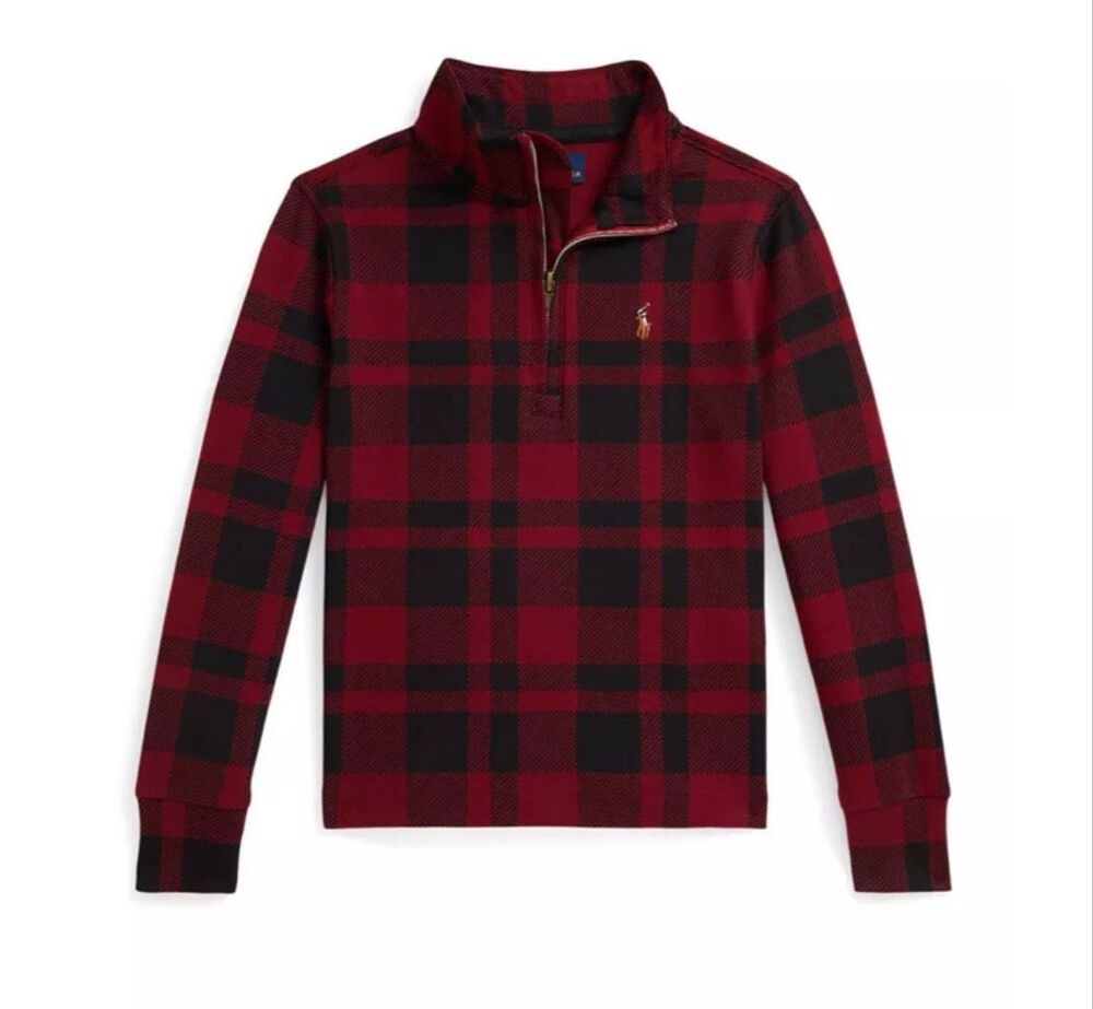 Polo Ralph Lauren Plaid Cotton Quarter-Zip Interlock Pullover Red/Black Youth La